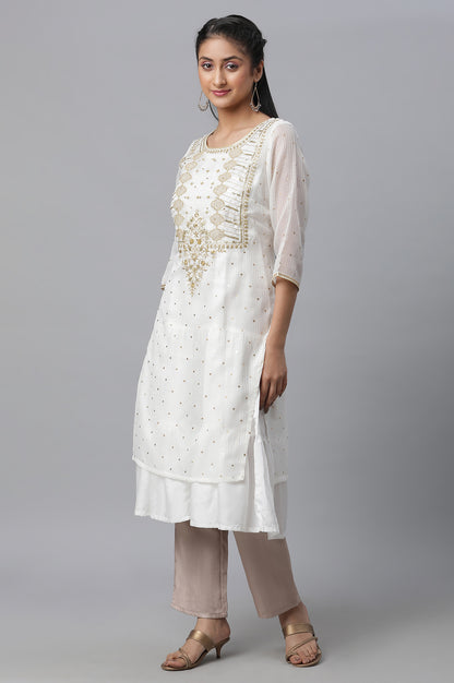 White Foil Printed Embroidered Kota kurta &amp; Tiered Inner Set