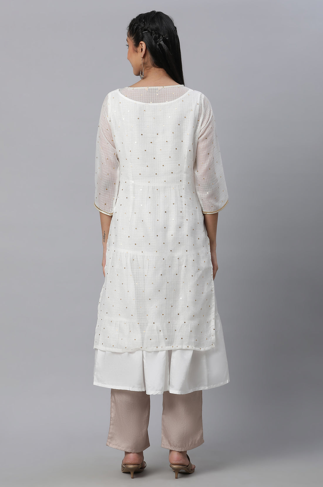 White Foil Printed Embroidered Kota kurta &amp; Tiered Inner Set