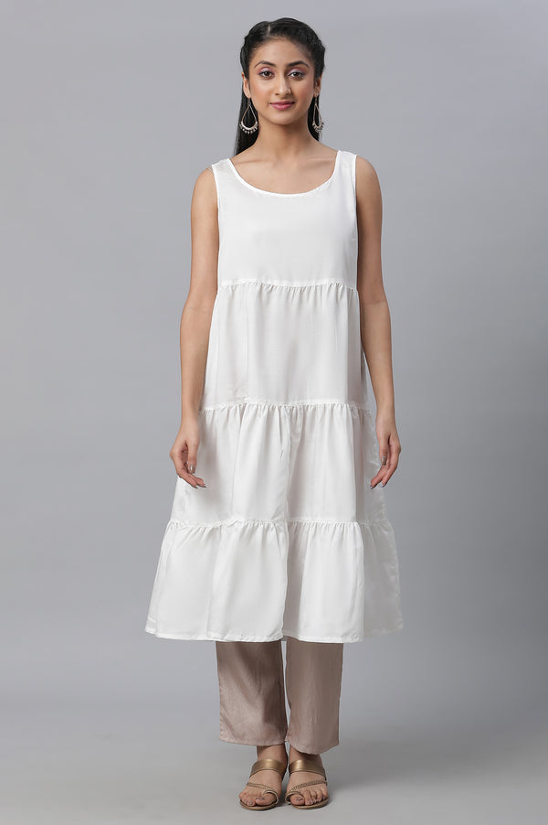 White Foil Printed Embroidered Kota kurta & Tiered Inner Set