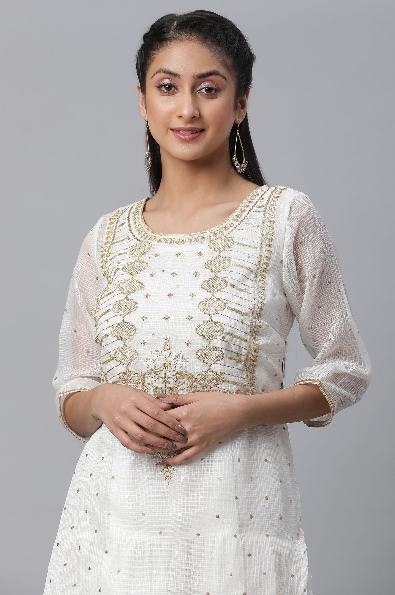 White Foil Printed Embroidered Kota kurta &amp; Tiered Inner Set