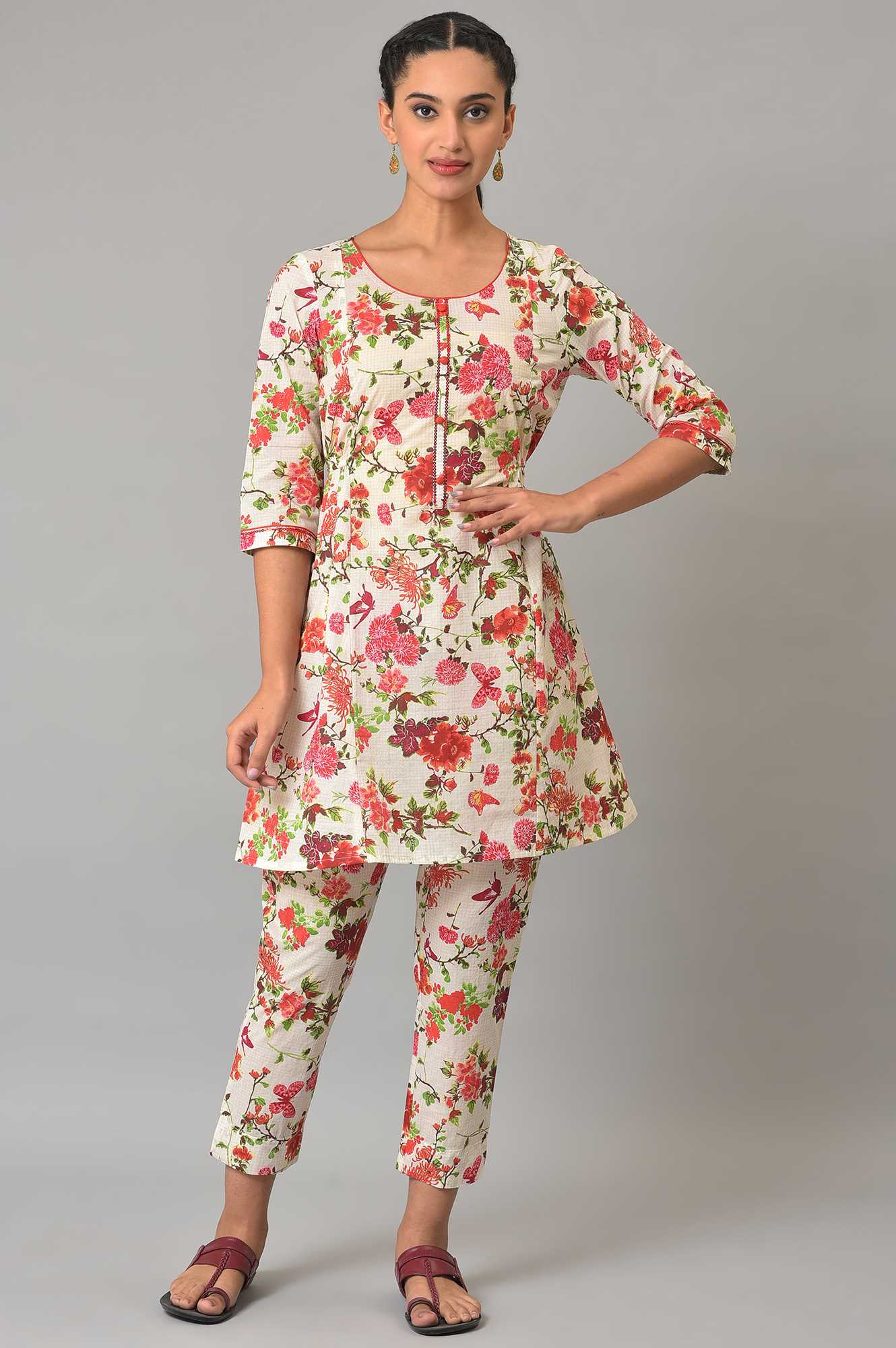 White Multi-Coloured Floral Print Summer kurta Co-Ord Set