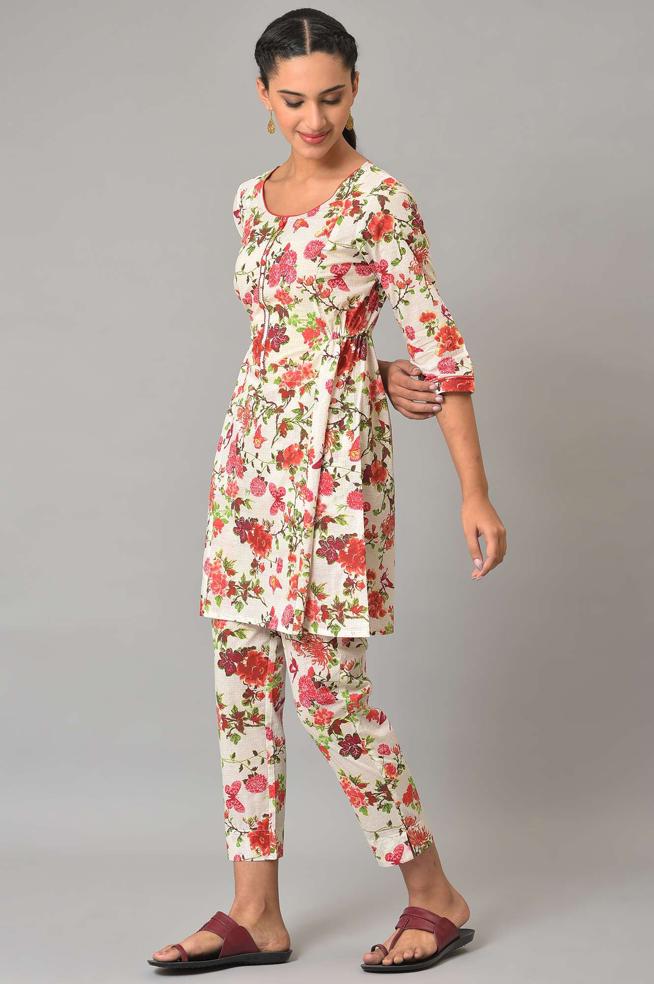 White Multi-Coloured Floral Print Summer kurta Co-Ord Set