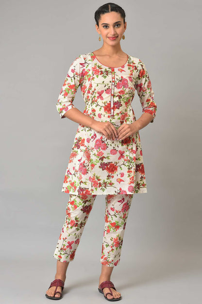 White Multi-Coloured Floral Print Summer kurta Co-Ord Set