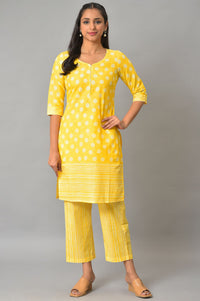 Yellow Polka Dots Printed Cotton kurta With Narrow Palaza