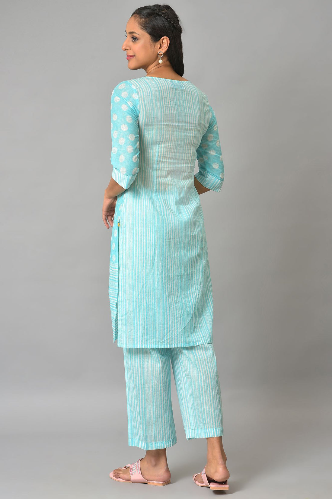 Blue Polka Dots Printed Cotton kurta With Narrow Palaza