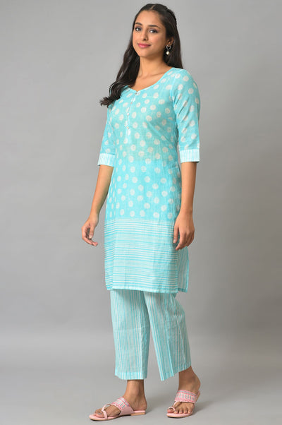 Blue Polka Dots Printed Cotton kurta With Narrow Palaza