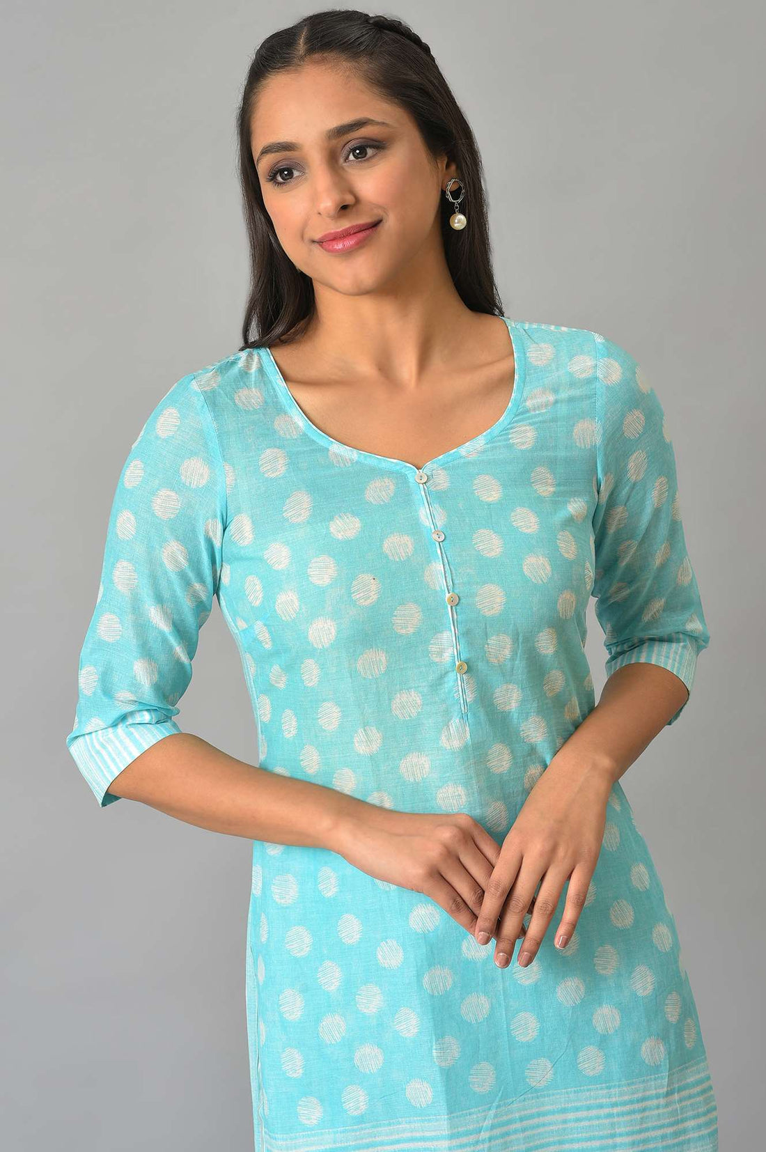 Blue Polka Dots Printed Cotton kurta With Narrow Palaza