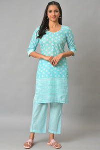 Blue Polka Dots Printed Cotton kurta With Narrow Palaza