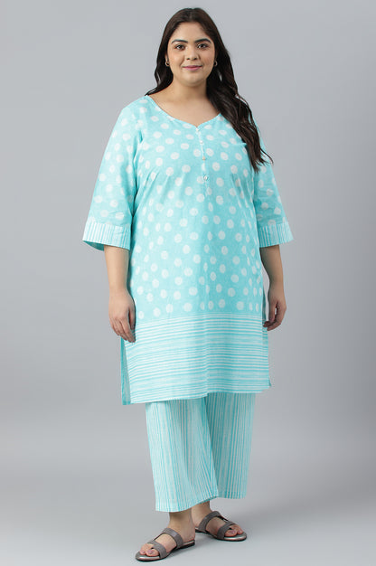 Plus Sie Blue Polka Dots Printed Cotton kurta With Narrow Palaza