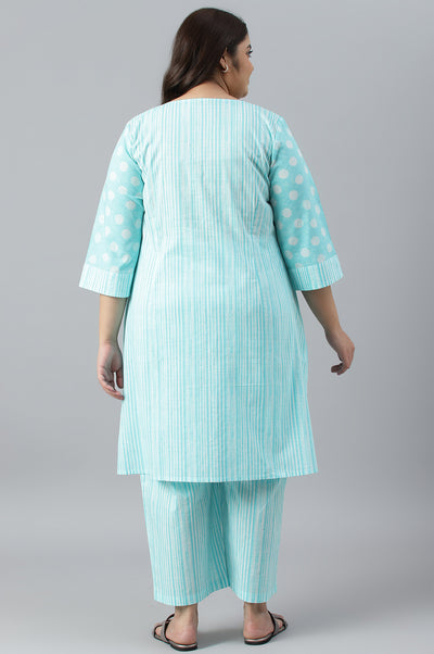 Plus Sie Blue Polka Dots Printed Cotton kurta With Narrow Palaza