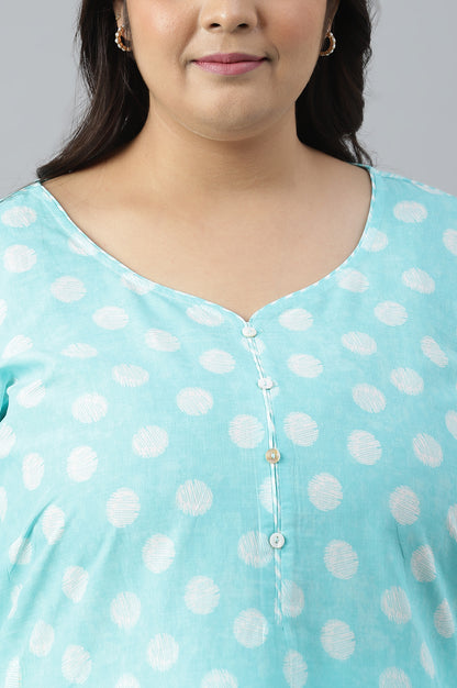 Plus Sie Blue Polka Dots Printed Cotton kurta With Narrow Palaza