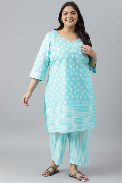 Plus Sie Blue Polka Dots Printed Cotton kurta With Narrow Palaza