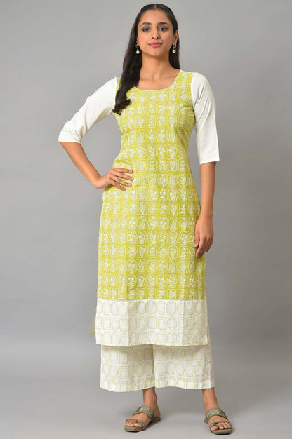 Green Floral Printed kurta With White Palazzo