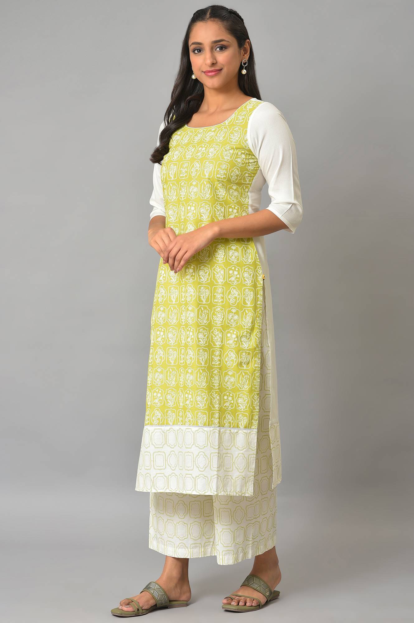 Green Floral Printed kurta With White Palazzo