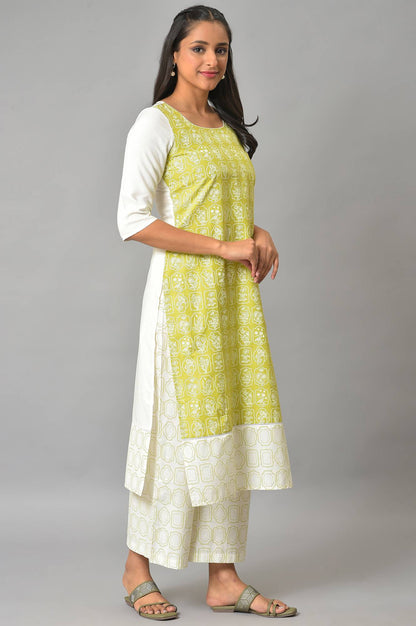 Green Floral Printed kurta With White Palazzo