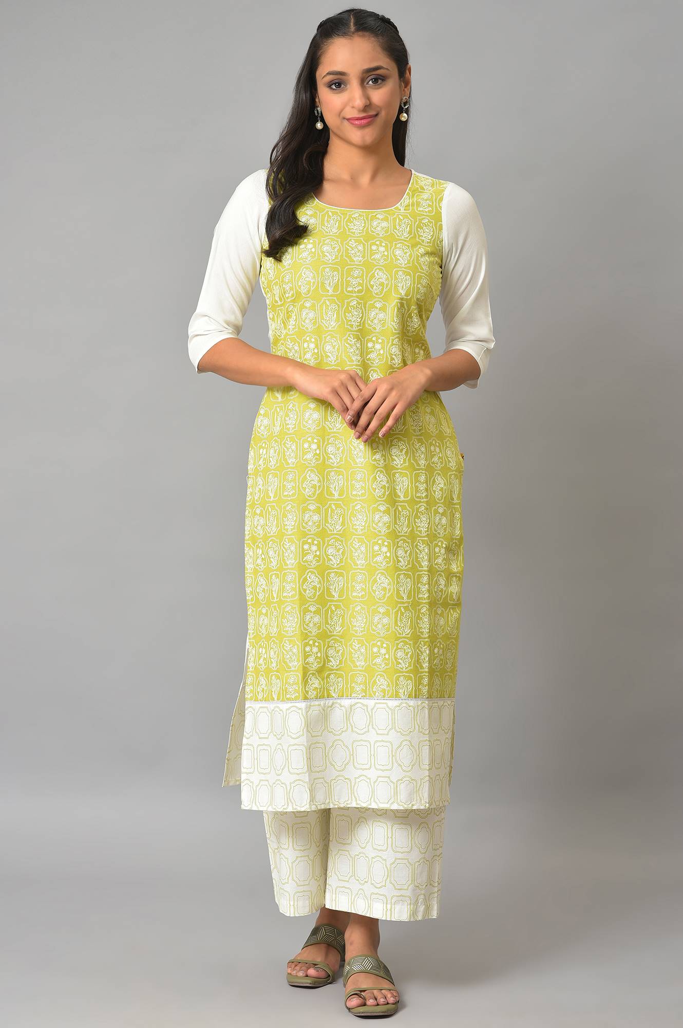 Green Floral Printed kurta With White Palazzo