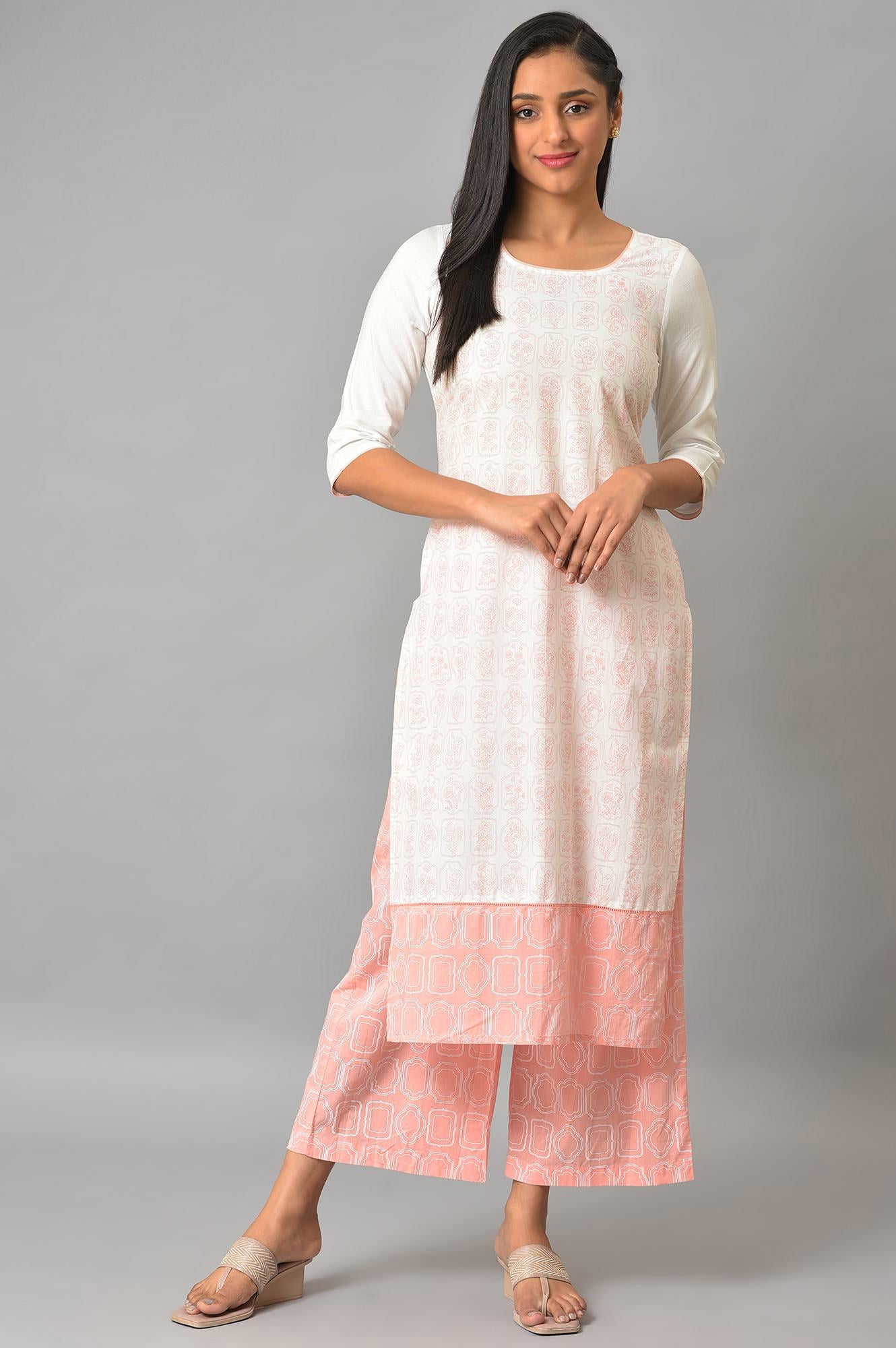 Off-White Floral Printed kurta With Coral Palazzo