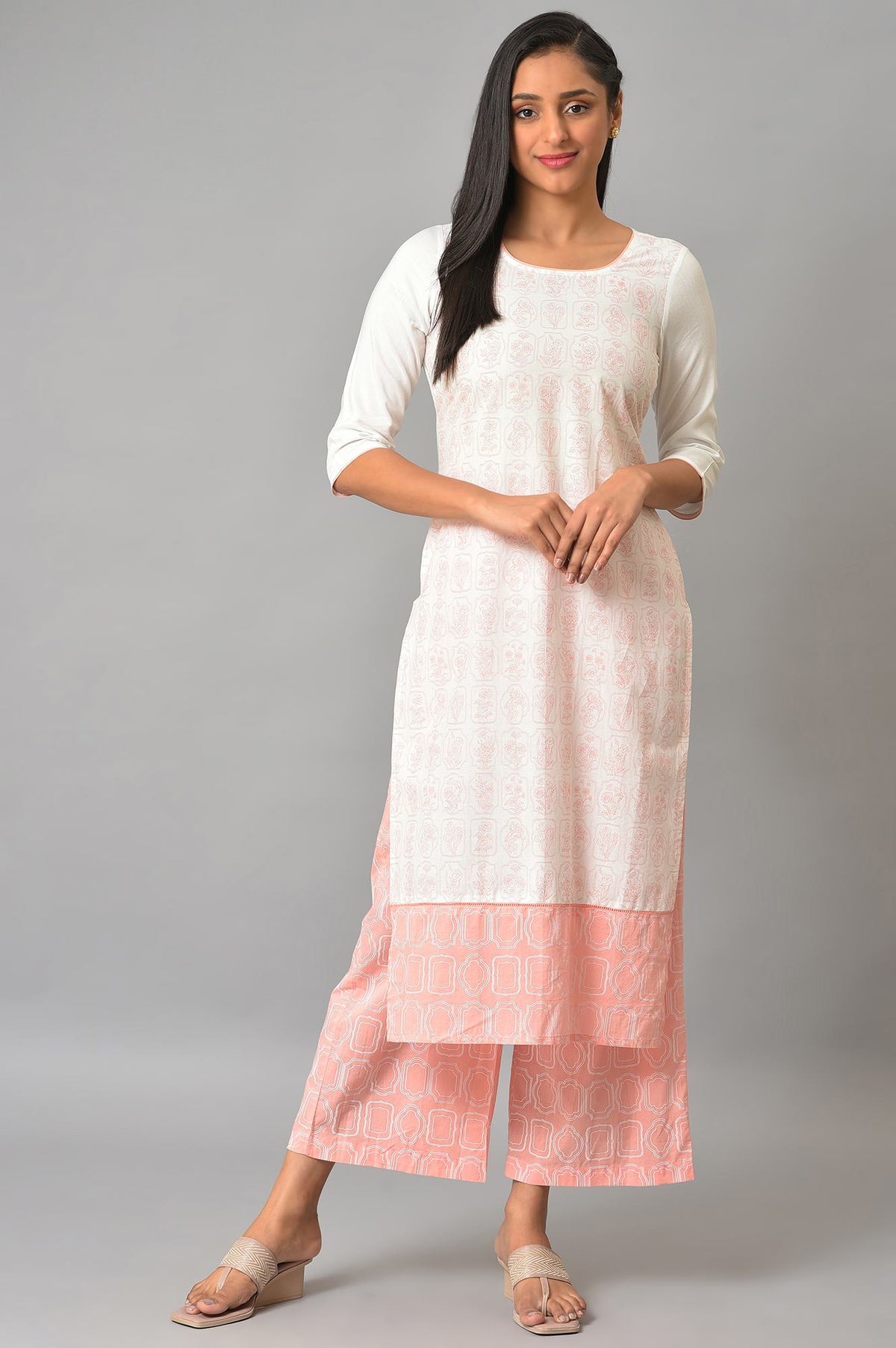 Off-White Floral Printed Kurta With Coral Palazzo - S