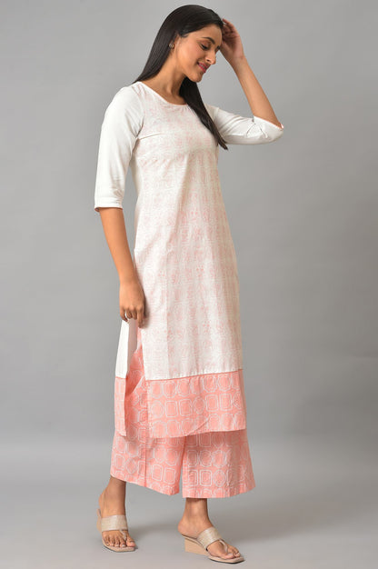 Off-White Floral Printed kurta With Coral Palazzo