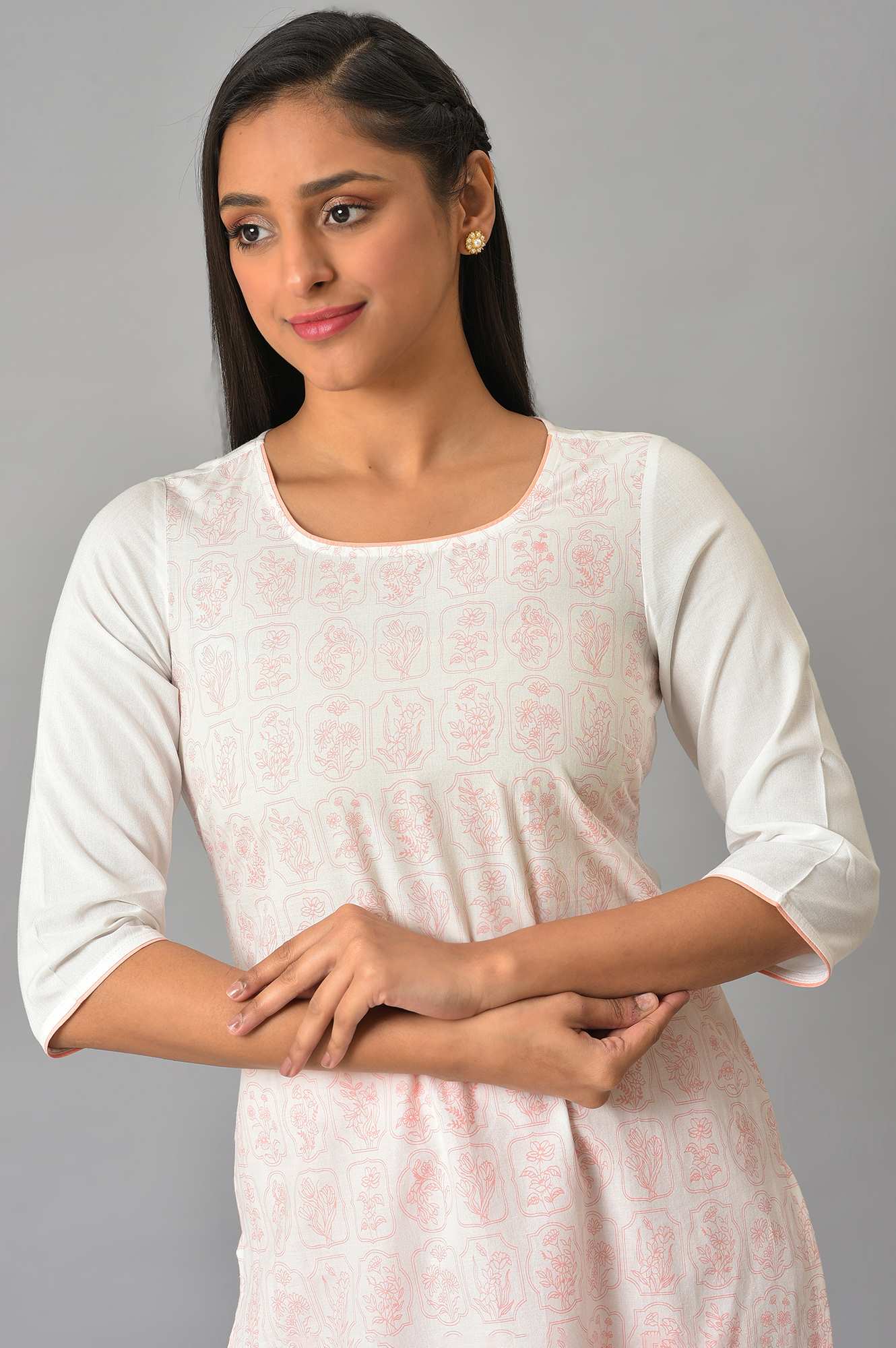 Off-White Floral Printed kurta With Coral Palazzo