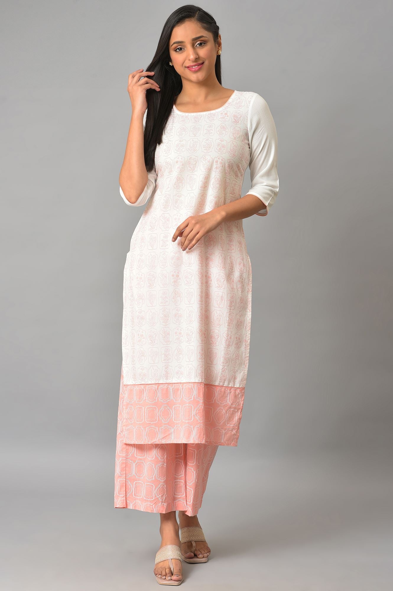 Off-White Floral Printed kurta With Coral Palazzo