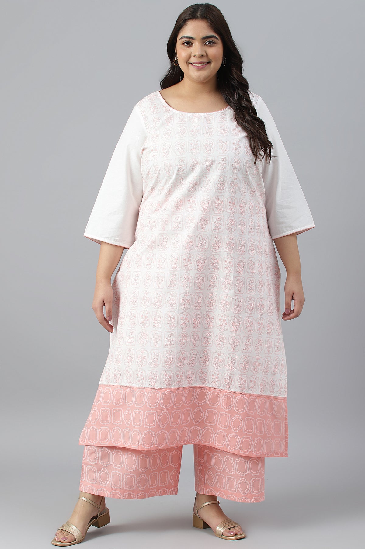 Plus Size Off-White Floral Printed kurta With Coral Palazzo - 3XL