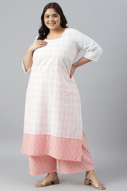 Plus Size Off-White Floral Printed kurta With Coral Palazzo