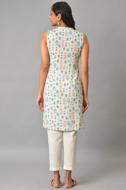 Off-White Floral Printed kurta With Trousers