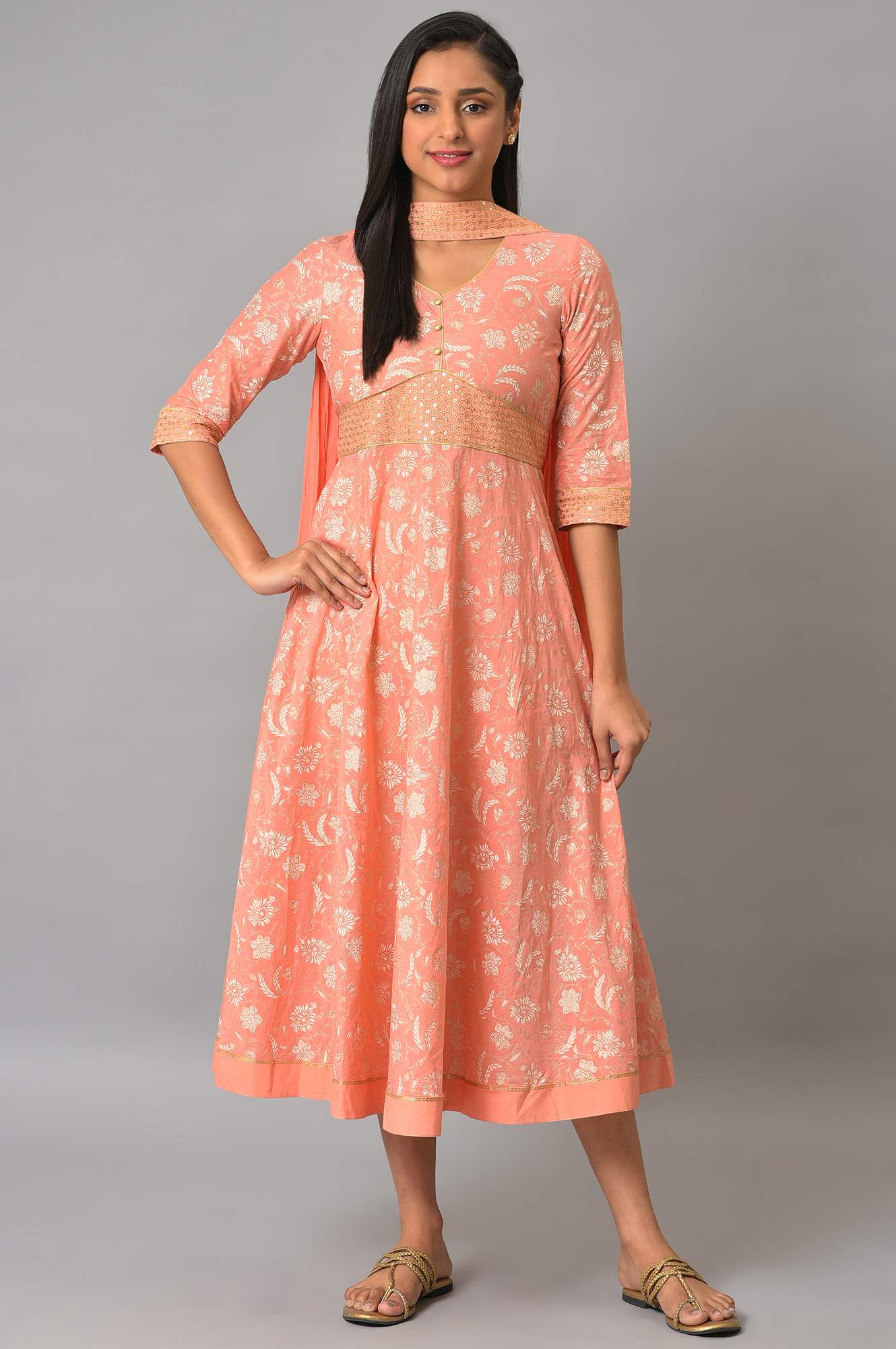 Orange Zari Embroidered Dress And Dupatta