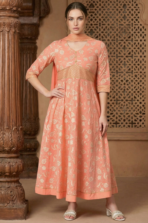 Orange Zari Embroidered Dress And Dupatta