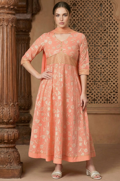 Orange Zari Embroidered Dress And Dupatta