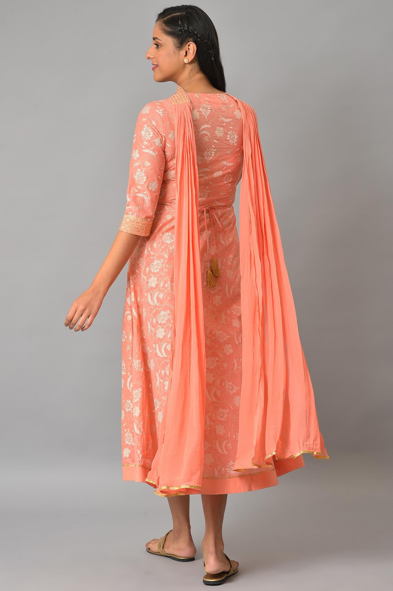 Orange Zari Embroidered Dress And Dupatta