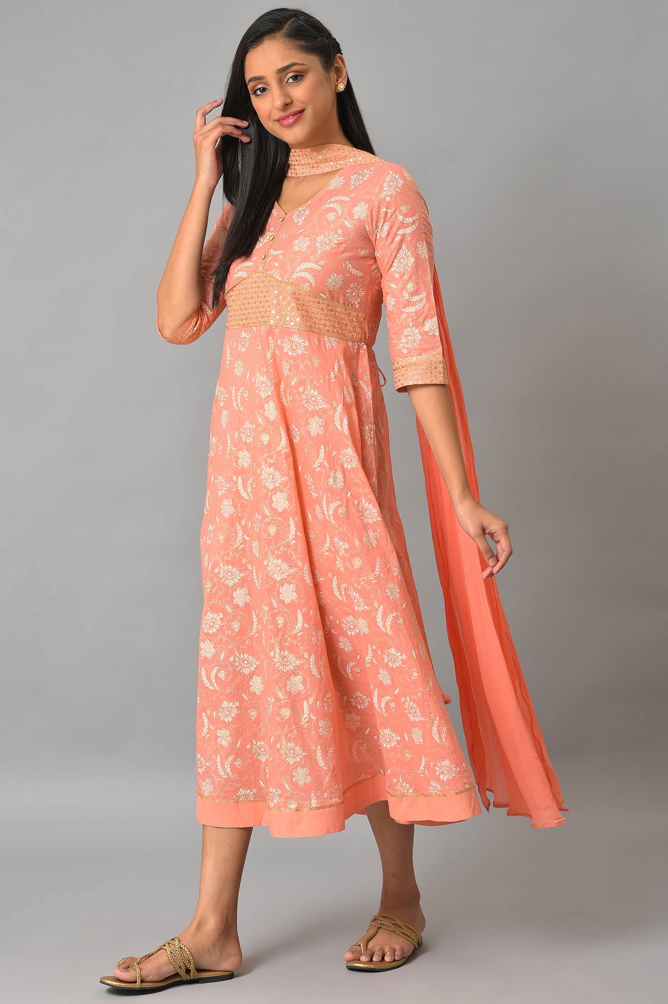 Orange Zari Embroidered Dress And Dupatta