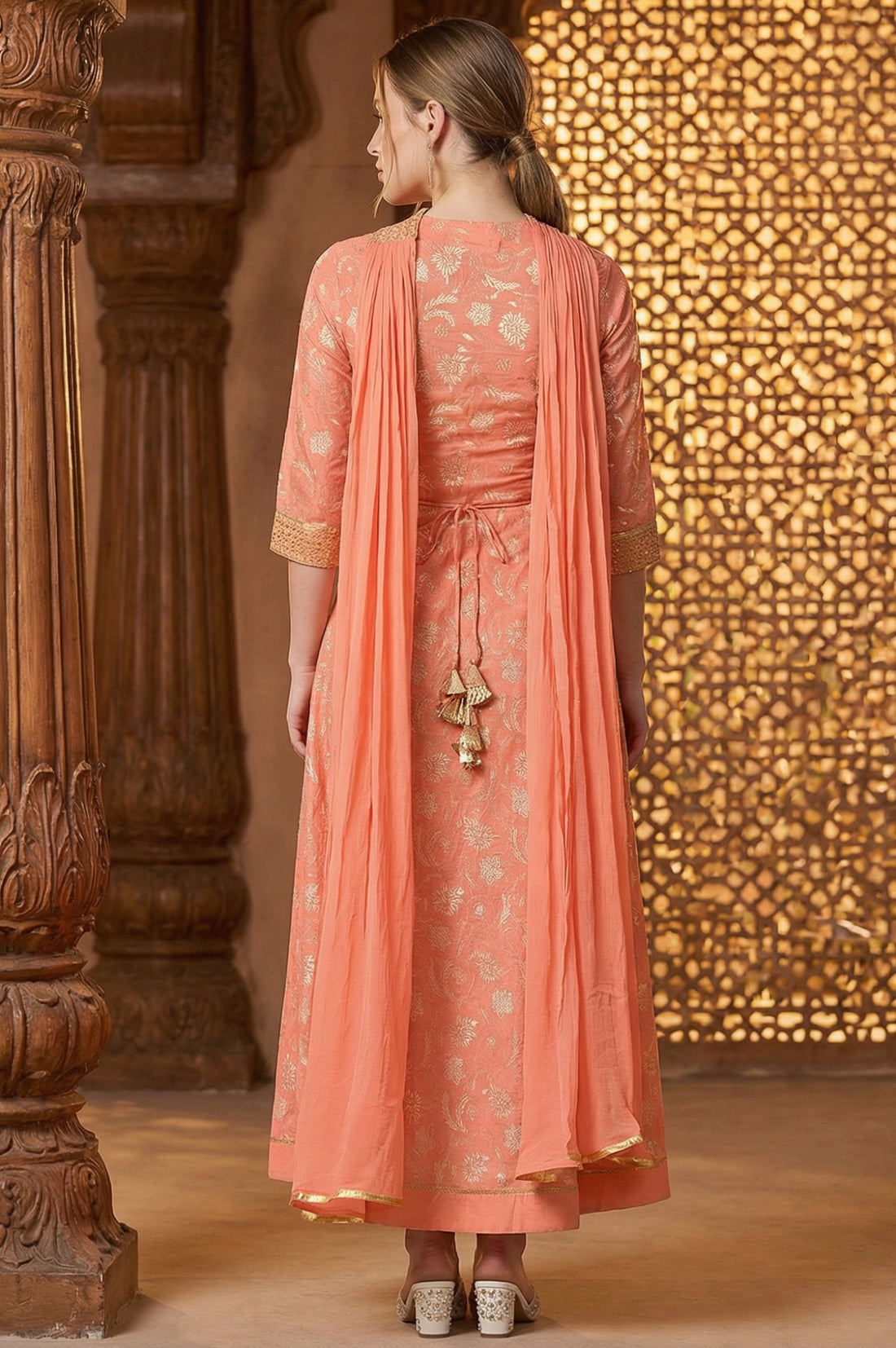 Orange Zari Embroidered Dress And Dupatta