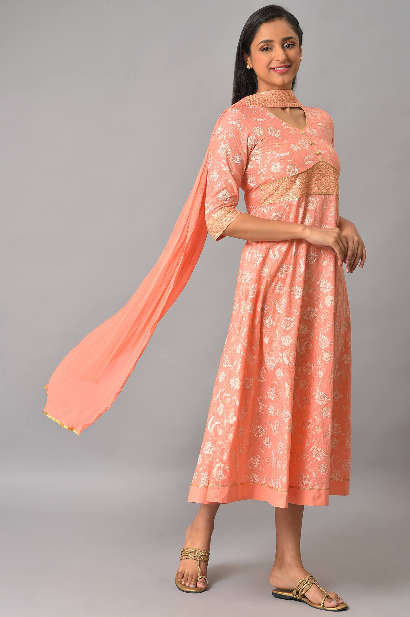 Orange Zari Embroidered Dress And Dupatta