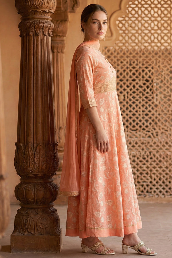 Orange Zari Embroidered Dress And Dupatta