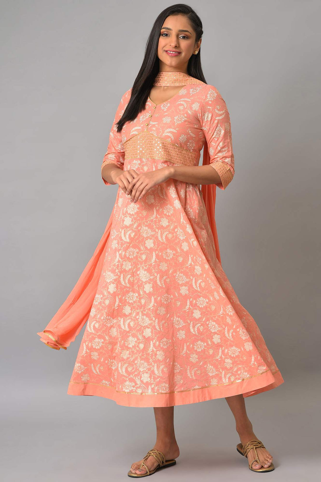 Orange Zari Embroidered Dress And Dupatta