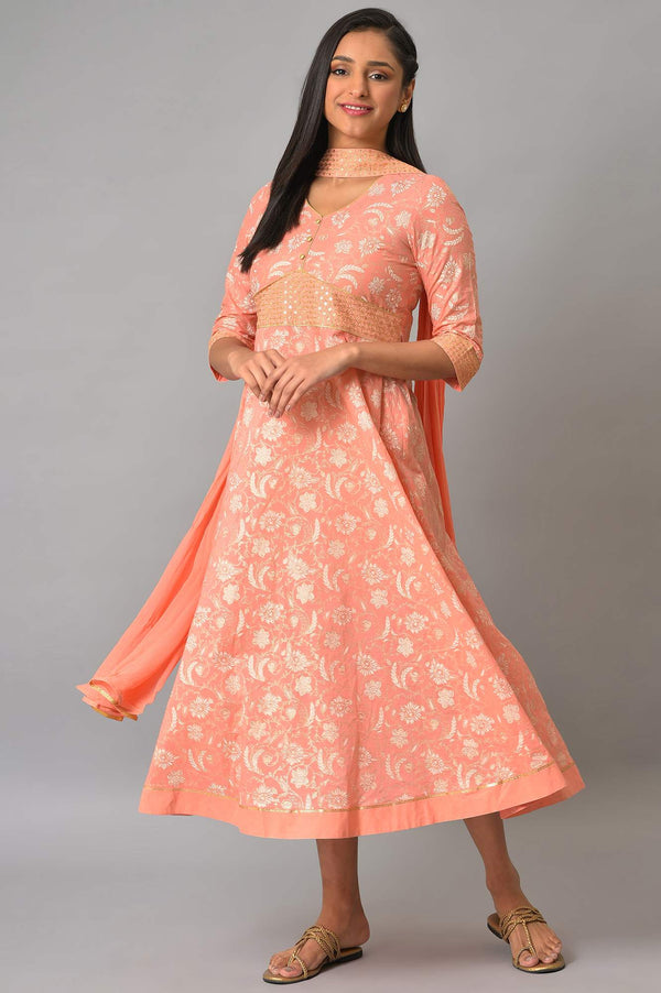 Orange Zari Embroidered Dress And Dupatta