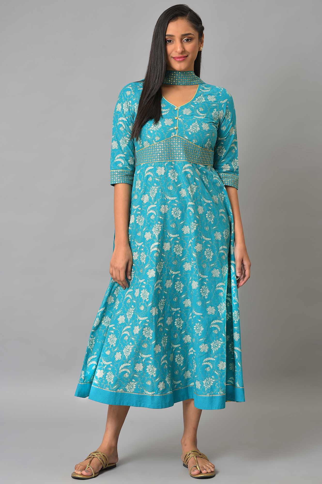 Blue Zari Embroidered Dress And Dupatta