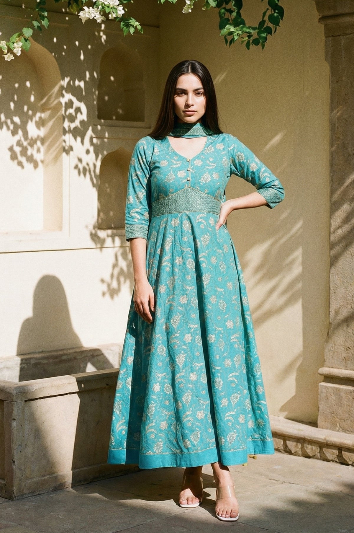 Blue Zari Embroidered Dress And Dupatta - XS
