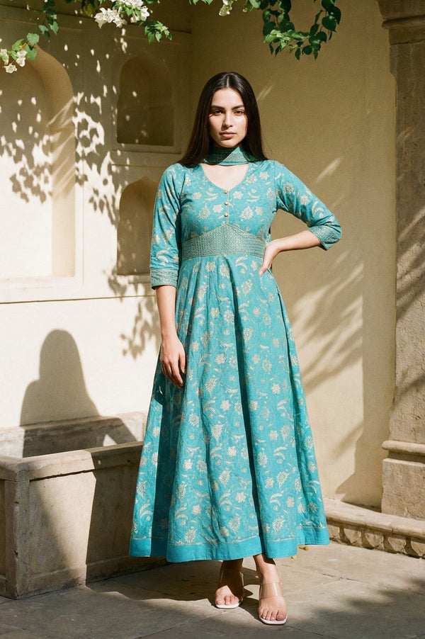 Blue Zari Embroidered Dress And Dupatta