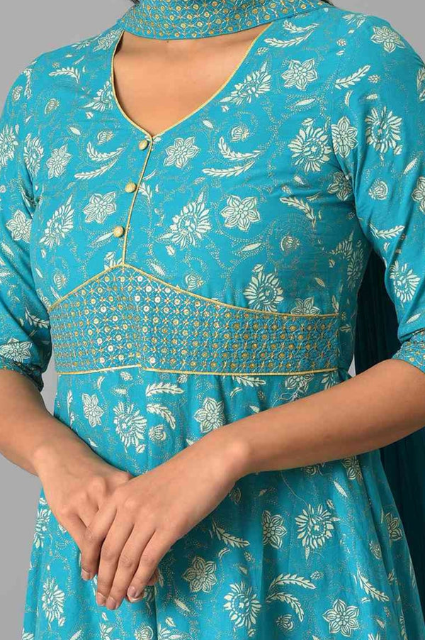 Blue Zari Embroidered Dress And Dupatta