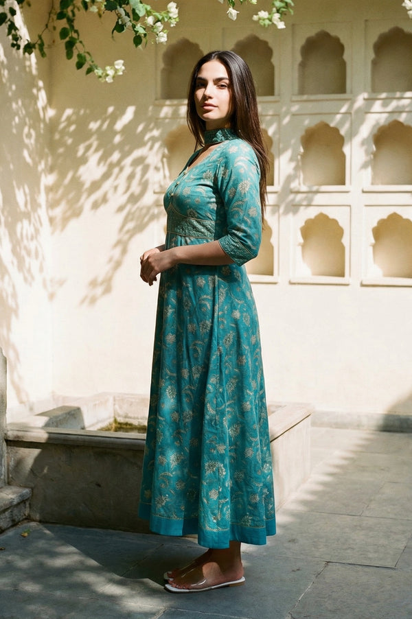 Blue Zari Embroidered Dress And Dupatta