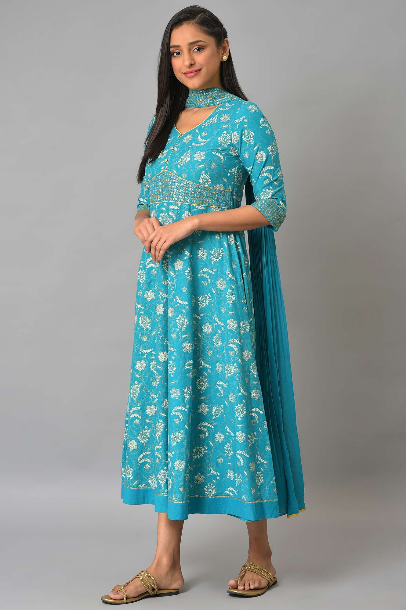 Blue Zari Embroidered Dress And Dupatta