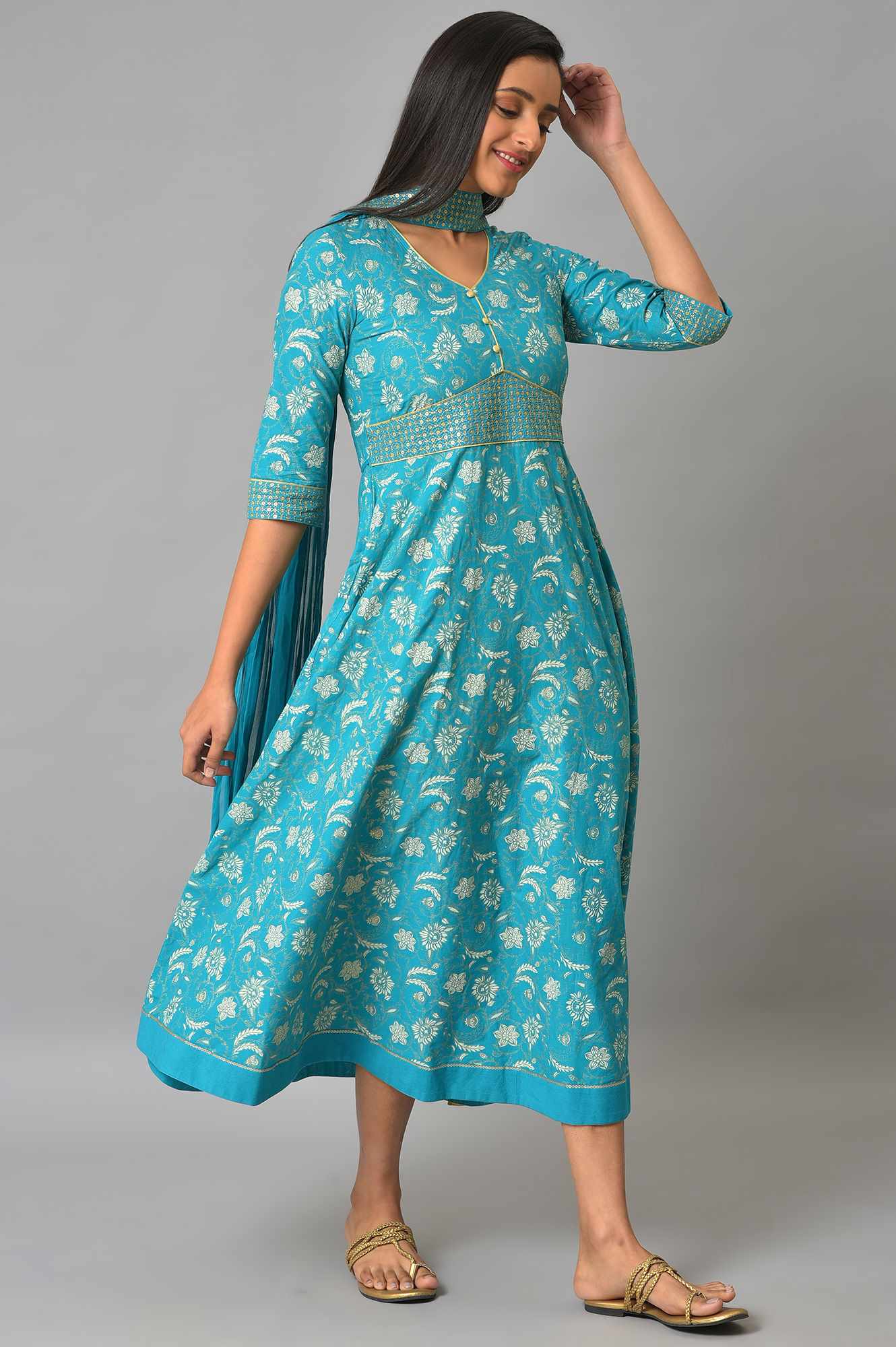 Blue Zari Embroidered Dress And Dupatta