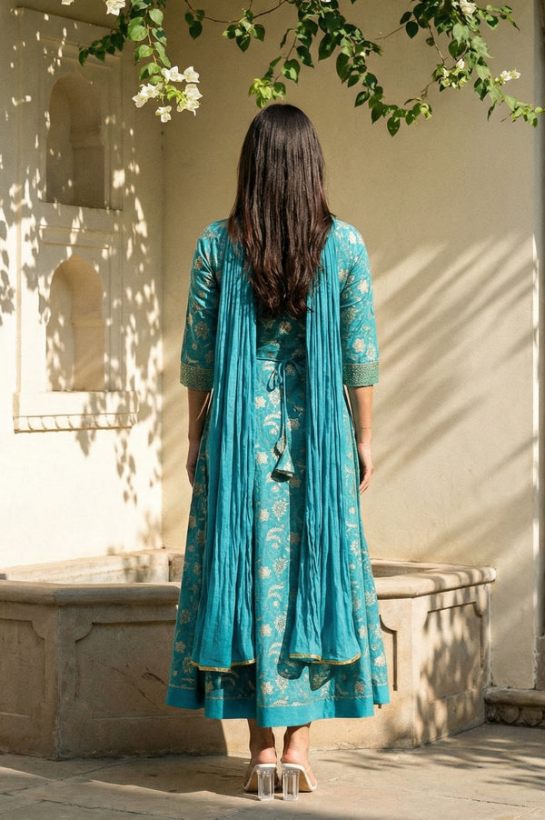Blue Zari Embroidered Dress And Dupatta