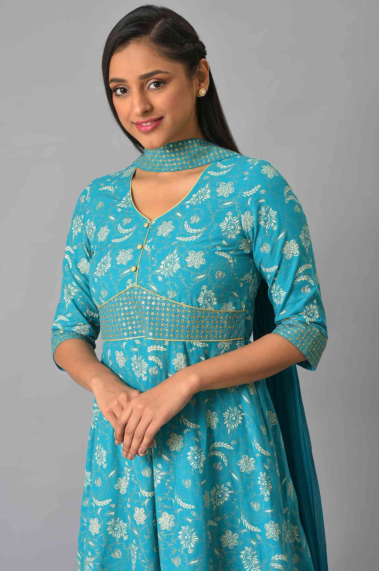 Blue Zari Embroidered Dress And Dupatta