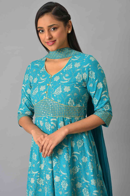 Blue Zari Embroidered Dress And Dupatta