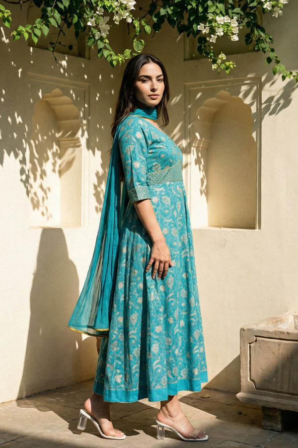Blue Zari Embroidered Dress And Dupatta