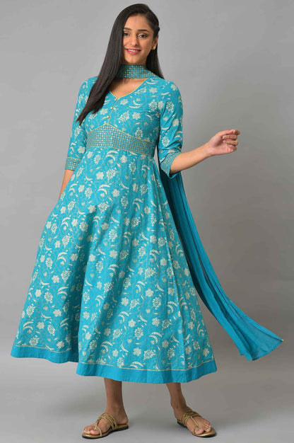 Blue Zari Embroidered Dress And Dupatta